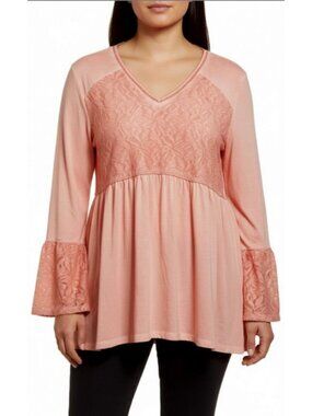 Style & Co Artful Femme Top XL Crushed Petal Peach Lace Bell Sleeve Peplum NWT